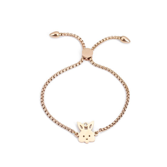 Imagen de 304 Acero Inoxidable Ajustable Slider/ Slide Pulsera Oro Rosa Conejo Transparente Rhinestone 26.3cm - 25.3cm longitud, 50 Unidades