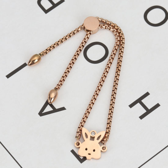 Imagen de 304 Acero Inoxidable Ajustable Slider/ Slide Pulsera Oro Rosa Conejo Transparente Rhinestone 26.3cm - 25.3cm longitud, 50 Unidades
