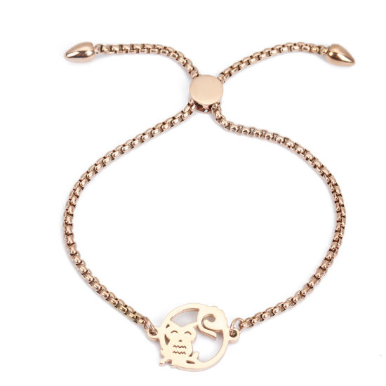 Bild von 304 Edelstahl Einstellbares Slider/ Slide Armband Schieberarmband Rosegold Rund Eule 26.3cm - 25.3cm lang, 50 Strange