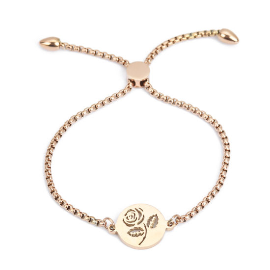 Imagen de 304 Acero Inoxidable Ajustable Slider/ Slide Pulsera Oro Rosa Ronda Rosa 25.3cm - 24.3cm longitud, 50 Unidades