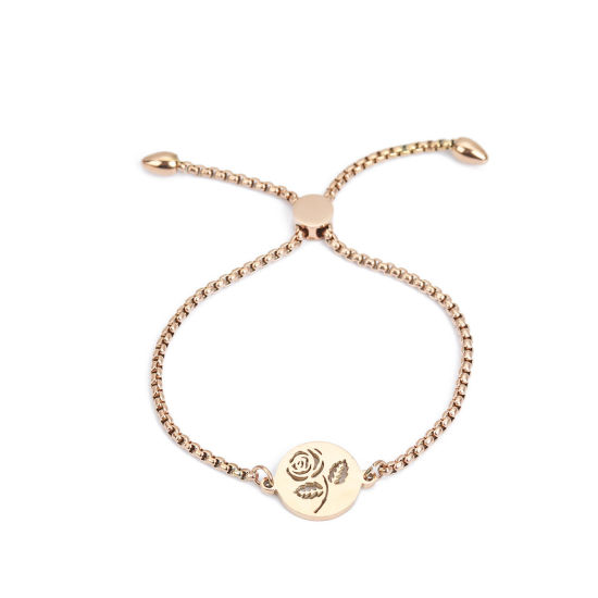 Imagen de 304 Acero Inoxidable Ajustable Slider/ Slide Pulsera Oro Rosa Ronda Rosa 25.3cm - 24.3cm longitud, 50 Unidades