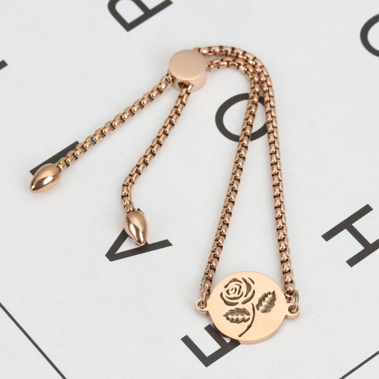 Imagen de 304 Acero Inoxidable Ajustable Slider/ Slide Pulsera Oro Rosa Ronda Rosa 25.3cm - 24.3cm longitud, 50 Unidades