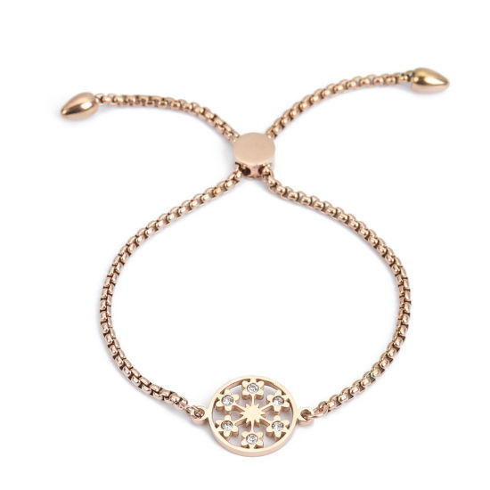 Bild von 304 Edelstahl Einstellbares Slider/ Slide Armband Schieberarmband Rosegold Rund Blumen Transparent Strass 26.3cm - 25.3cm lang, 50 Strange