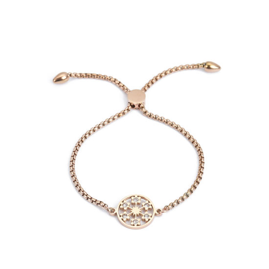 Bild von 304 Edelstahl Einstellbares Slider/ Slide Armband Schieberarmband Rosegold Rund Blumen Transparent Strass 26.3cm - 25.3cm lang, 50 Strange