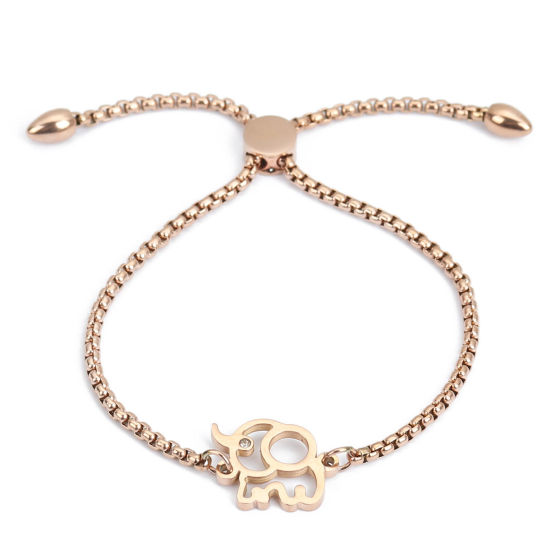 Immagine di 304 Acciaio Inossidabile Slider Regolabile Bolo Bracciale / Presentazione Oro Rosa Elefante Trasparente Strass 25.3cm - 24.3cm Lunghezza, 50 Pz