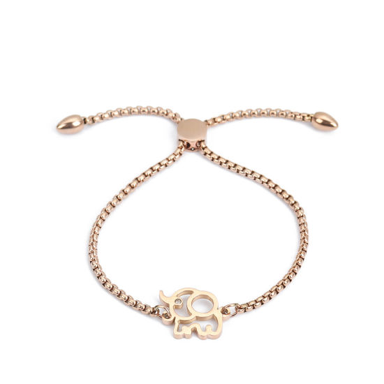 Immagine di 304 Acciaio Inossidabile Slider Regolabile Bolo Bracciale / Presentazione Oro Rosa Elefante Trasparente Strass 25.3cm - 24.3cm Lunghezza, 50 Pz