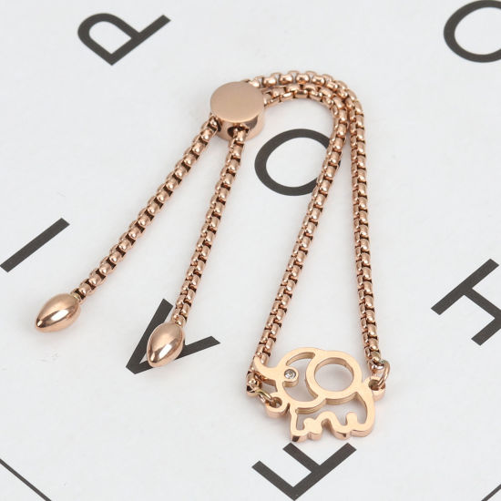 Immagine di 304 Acciaio Inossidabile Slider Regolabile Bolo Bracciale / Presentazione Oro Rosa Elefante Trasparente Strass 25.3cm - 24.3cm Lunghezza, 50 Pz