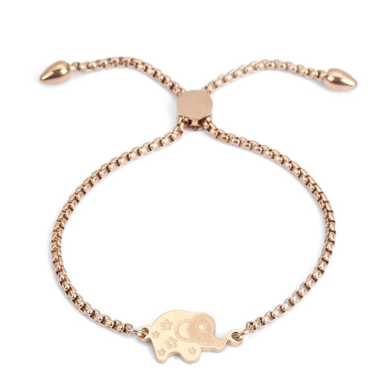 Imagen de 304 Acero Inoxidable Ajustable Slider/ Slide Pulsera Oro Rosa Elefante Flor 26.3cm - 25.3cm longitud, 50 Unidades