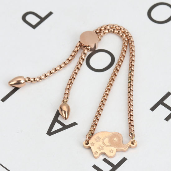 Imagen de 304 Acero Inoxidable Ajustable Slider/ Slide Pulsera Oro Rosa Elefante Flor 26.3cm - 25.3cm longitud, 50 Unidades