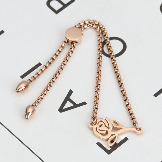 Immagine di 304 Acciaio Inossidabile Slider Regolabile Bolo Bracciale / Presentazione Oro Rosa Rosa 26.3cm - 25.3cm Lunghezza, 50 Pz