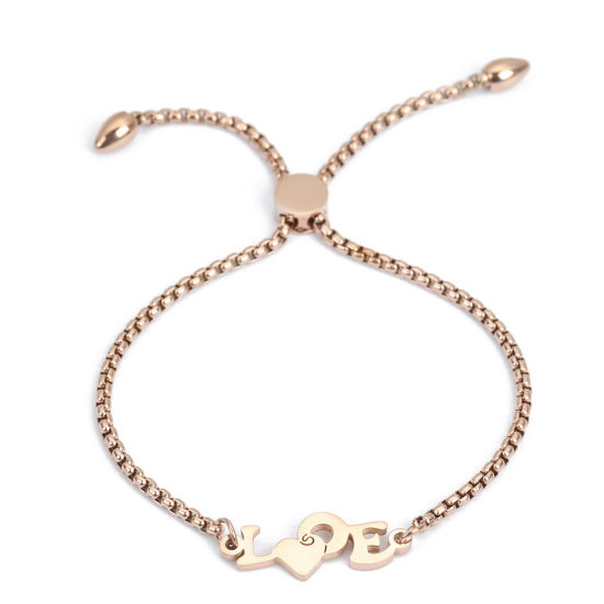Immagine di 304 Acciaio Inossidabile Slider Regolabile Bolo Bracciale / Presentazione Oro Rosa Cuore Messaggio " LOVE " 26.3cm - 25.3cm Lunghezza, 50 Pz
