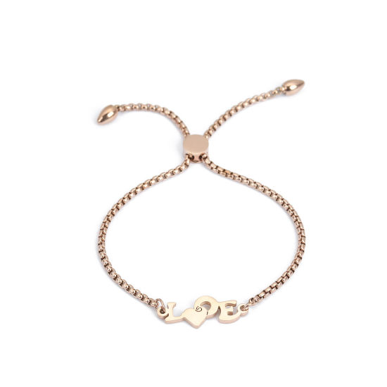 Immagine di 304 Acciaio Inossidabile Slider Regolabile Bolo Bracciale / Presentazione Oro Rosa Cuore Messaggio " LOVE " 26.3cm - 25.3cm Lunghezza, 50 Pz