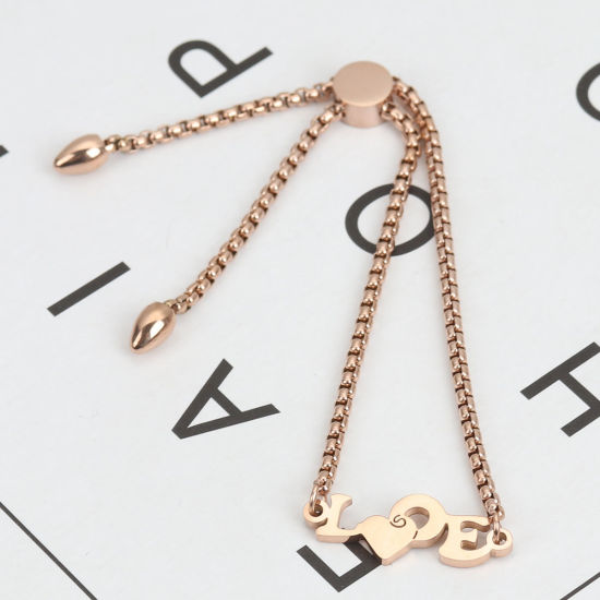 Immagine di 304 Acciaio Inossidabile Slider Regolabile Bolo Bracciale / Presentazione Oro Rosa Cuore Messaggio " LOVE " 26.3cm - 25.3cm Lunghezza, 50 Pz