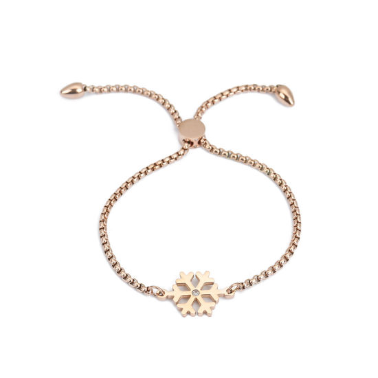 Bild von 304 Edelstahl Weihnachten Einstellbares Slider/ Slide Armband Schieberarmband Rosegold Weihnachten Schneeflocke Transparent Strass 26.3cm - 25.3cm lang, 50 Strange