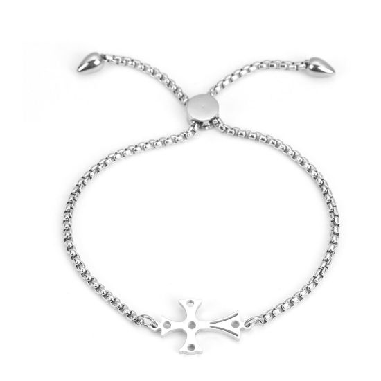 Image de Bracelet Bolo Réglable Nœud Glissé en 304 Acier Inoxydable Argent Mat Croix 26.3cm - 25.3cm long, 50 Pièces