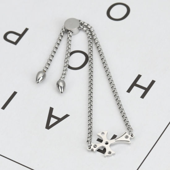 Image de Bracelet Bolo Réglable Nœud Glissé en 304 Acier Inoxydable Argent Mat Croix 26.3cm - 25.3cm long, 50 Pièces