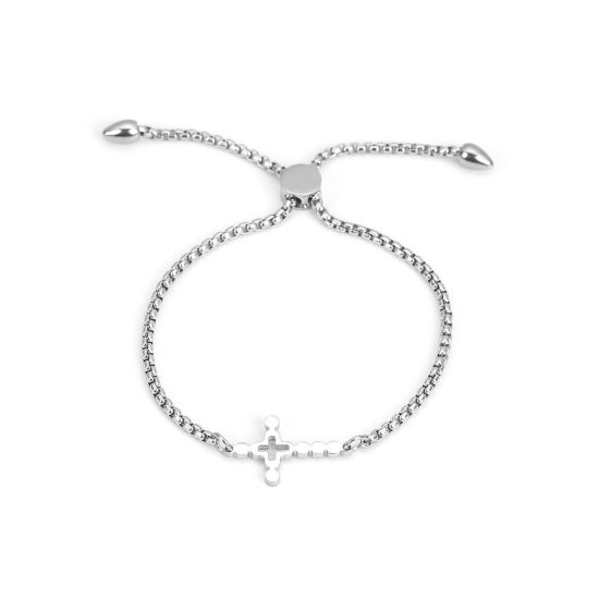 Bild von 304 Edelstahl Einstellbares Slider/ Slide Armband Schieberarmband Silberfarbe Kreuz 26.3cm - 25.3cm lang, 50 Strange