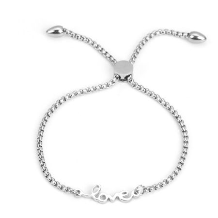 304 Stainless Steel Adjustable Slider/ Slide Bolo Bracelets Silver Tone Message " LOVE " 26.3cm(10 3/8") - 25.3cm(10") long, 50 PCs