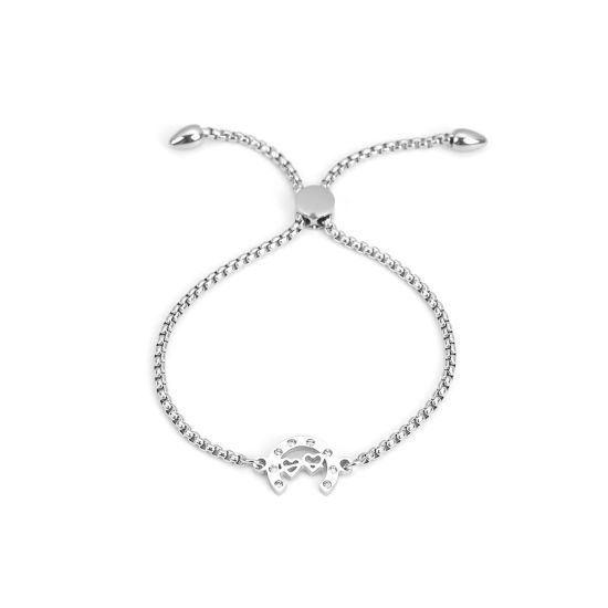 Bild von 304 Edelstahl Einstellbares Slider/ Slide Armband Schieberarmband Silberfarbe C-Form Herz Transparent Strass 26.3cm - 25.3cm lang, 50 Strange