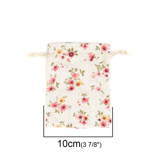 Picture of Cotton Cloth Drawstring Bags Rectangle Light Khaki Flower Leaves (Usable Space: Approx 11x10cm) 13.5cm x 10cm, 50 PCs