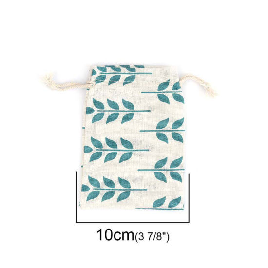 Picture of Cotton Cloth Drawstring Bags Rectangle Light Khaki Flower Leaves (Usable Space: Approx 11x10cm) 13.5cm x 10cm, 50 PCs