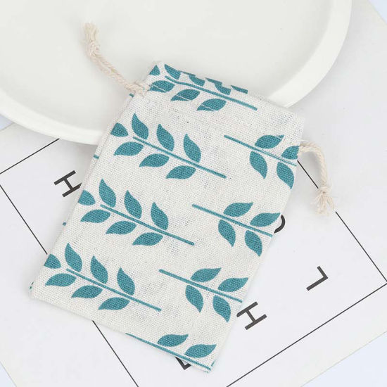 Picture of Cotton Cloth Drawstring Bags Rectangle Light Khaki Flower Leaves (Usable Space: Approx 11x10cm) 13.5cm x 10cm, 50 PCs