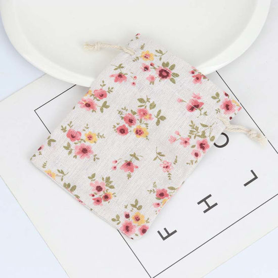 Picture of Cotton Cloth Drawstring Bags Rectangle Light Khaki Flower Leaves (Usable Space: Approx 11x10cm) 13.5cm x 10cm, 50 PCs