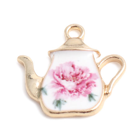 Zinc Based Alloy Charms Teapot Gold Plated White & Pink Flower Enamel 19mm x 19mm, 500 PCs