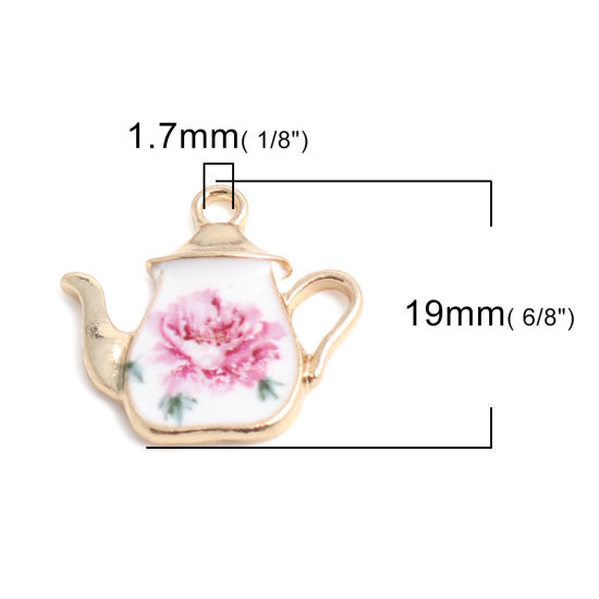 500 個 亜鉛合金 チャーム 金メッキ ホワイト+ピンク ティーポット 花彫刻 エナメル 19mm x 19mm、 の画像