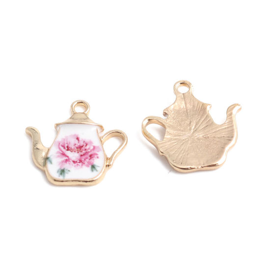 500 個 亜鉛合金 チャーム 金メッキ ホワイト+ピンク ティーポット 花彫刻 エナメル 19mm x 19mm、 の画像