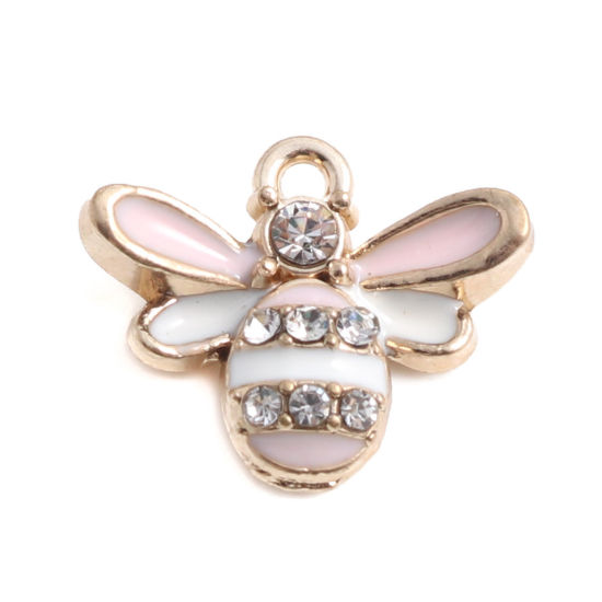 Picture of Zinc Based Alloy Charms Bee Animal Gold Plated White & Light Pink Enamel Clear Rhinestone 17mm x 14mm, 500 PCs