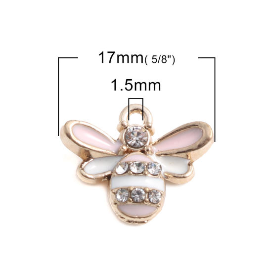 Picture of Zinc Based Alloy Charms Bee Animal Gold Plated White & Light Pink Enamel Clear Rhinestone 17mm x 14mm, 500 PCs