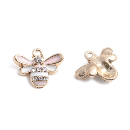 Picture of Zinc Based Alloy Charms Bee Animal Gold Plated White & Light Pink Enamel Clear Rhinestone 17mm x 14mm, 500 PCs