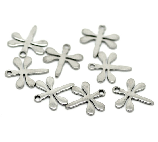 Picture of 50PCs Silver Tone Stainless Steel Dragonfly Charm Pendants 11mmx10mm( 3/8"x 3/8")