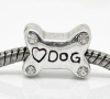 Picture of Zinc Metal Alloy European Style Large Hole Charm Beads Bone Antique Silver Message "Love Dog" Carved 14mmx11mm, 10 PCs