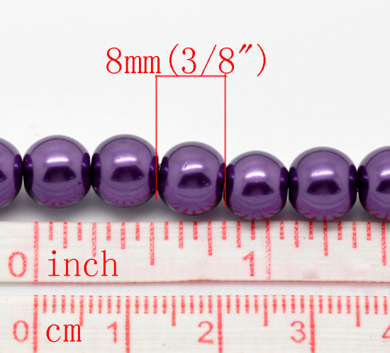 Image de Perles Imitation en Verre Rond Prune Nacré 8mm Dia, Taille de Trou: 1mm, 82cm long, 5 Enfilades (Env.110 Pcs/Enfilade)