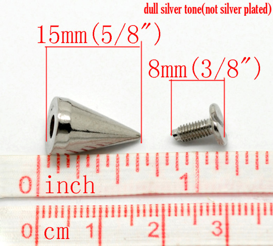 Image de 20 Kits Rivets Goujons à Pointes Punk en Alliage de Zinc & Alliage de Fer Forme Cône Argent Mat 15mm x 10mm 8mm x 7mm