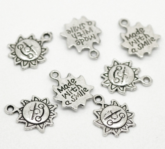 Picture of Zinc Based Alloy Charms Sun Face Antique Silver Color Message " made with a smile " 16mm x 12mm( 5/8"x 4/8"), 50 PCs