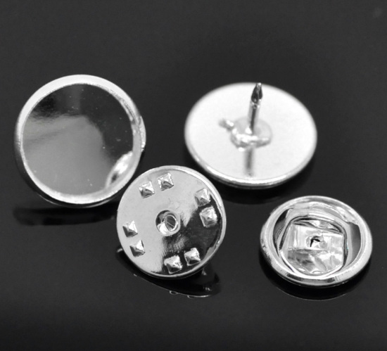 Immagine di Ottone Spilla Accessori Tondo Argento Placcato Basi per Cabochon (Addetti 12mm) 14mm x10mm 11mm x6mm, 30 Set