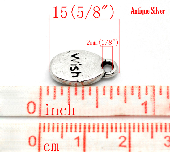 Picture of Zinc Based Alloy Charms Antique Silver Color Message " Wish " Carved 15mmx8mm( 5/8"x 3/8"), 50 PCs