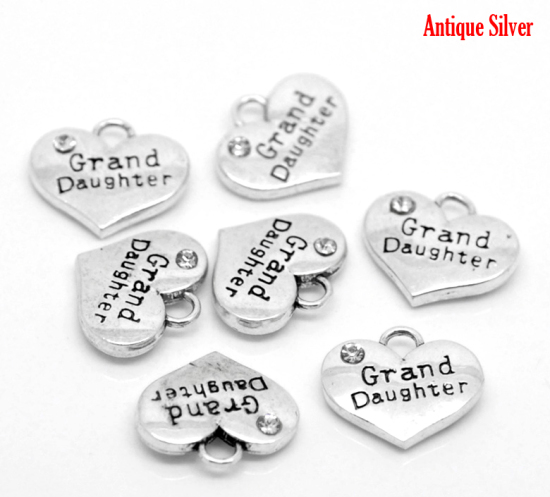 Picture of Zinc Based Alloy Charms Heart Antique Silver Color Message " Granddaughter " Carved Clear Rhinestone 16mm( 5/8") x 14mm( 4/8"), 20 PCs