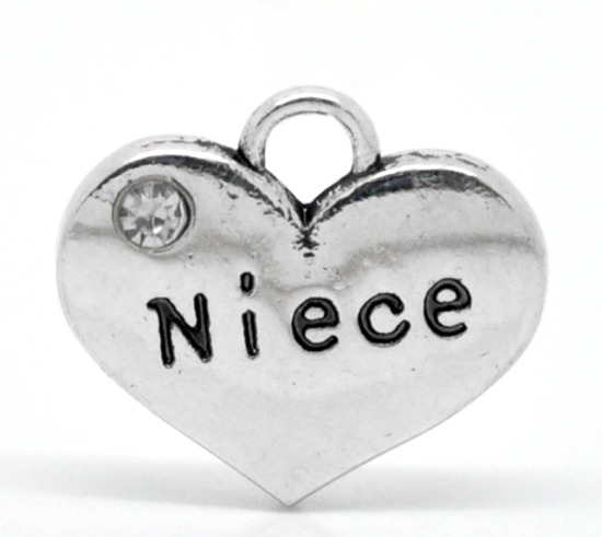 Picture of Zinc Based Alloy Charms Heart Antique Silver Color Message " Niece " Carved Clear Rhinestone 16mm( 5/8") x 14mm( 4/8"), 20 PCs