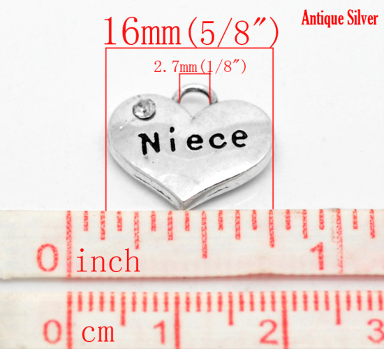 Picture of Zinc Based Alloy Charms Heart Antique Silver Color Message " Niece " Carved Clear Rhinestone 16mm( 5/8") x 14mm( 4/8"), 20 PCs