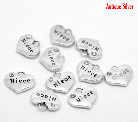 Picture of Zinc Based Alloy Charms Heart Antique Silver Color Message " Niece " Carved Clear Rhinestone 16mm( 5/8") x 14mm( 4/8"), 20 PCs