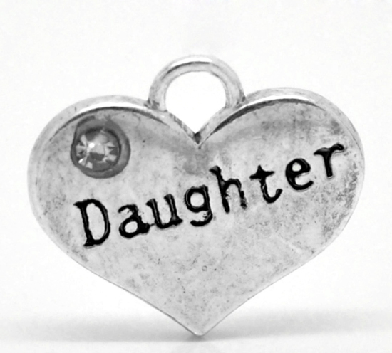 Picture of Zinc Based Alloy Charms Heart Antique Silver Color Message " Daughter " Carved Clear Rhinestone 16mm( 5/8") x 14mm( 4/8"), 20 PCs