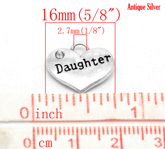 Picture of Zinc Based Alloy Charms Heart Antique Silver Color Message " Daughter " Carved Clear Rhinestone 16mm( 5/8") x 14mm( 4/8"), 20 PCs