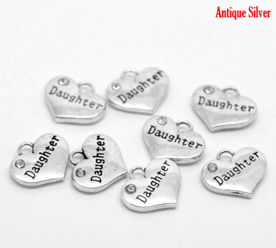 Picture of Zinc Based Alloy Charms Heart Antique Silver Color Message " Daughter " Carved Clear Rhinestone 16mm( 5/8") x 14mm( 4/8"), 20 PCs