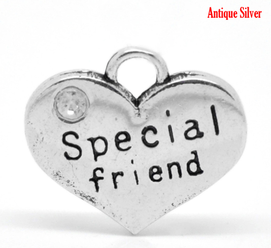 Picture of Zinc Based Alloy Charms Heart Antique Silver Color Message " Special friend " Carved Clear Rhinestone 16mm( 5/8") x 14mm( 4/8"), 20 PCs