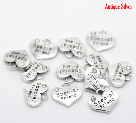 Picture of Zinc Based Alloy Charms Heart Antique Silver Color Message " Special friend " Carved Clear Rhinestone 16mm( 5/8") x 14mm( 4/8"), 20 PCs