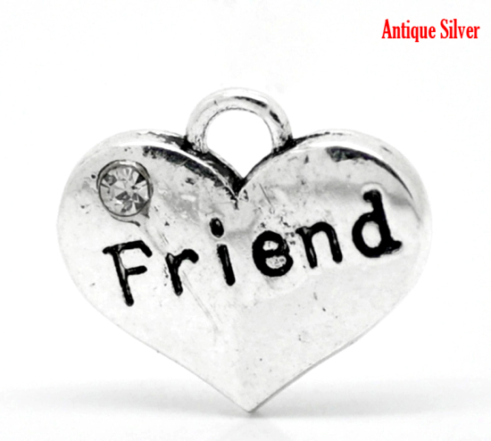 Bild von Zinlegierung Charm Anhänger Herz Antiksilber Message " friend " mit Weiß Strass 16mm x 14mm, 20 Stück